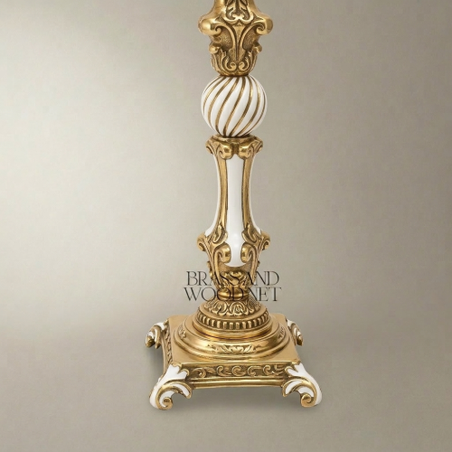 Baroque Brass and Ceramic Table Lamp Ornate Twisted Sphere Column Off-White Pleated Shade Gold Front | Brass & Wood