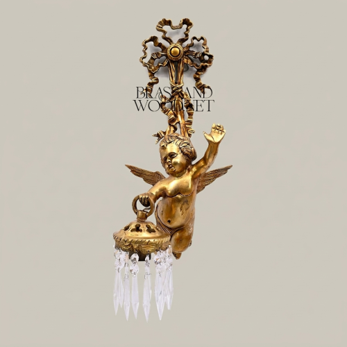 Baroque Brass Cherub Putto Wall Sconce with Crystal Icicle Pendants and Ribbon Crown Brass and Wood Antique gold Front | Brass & Wood