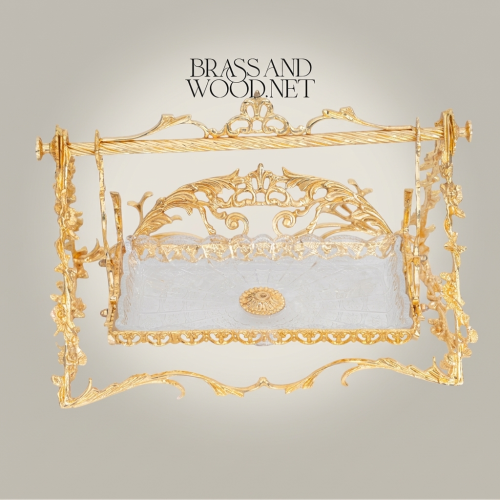 Baroque Handcrafted Brass Bonbon Chocolate Tray Swing Arch Ornate Rococo Brass and Wood Gold Front | Brass & Wood
