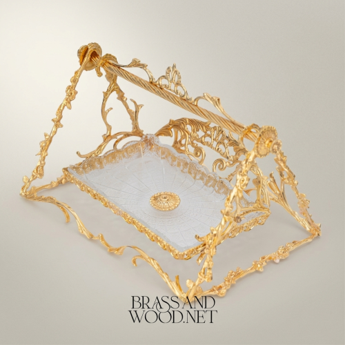 Baroque Handcrafted Brass Bonbon Chocolate Tray Swing Arch Ornate Rococo Brass and Wood Gold Front | Brass & Wood