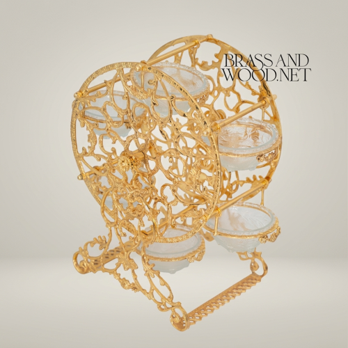 Baroque Brass Circular Filigree Serving Stand with Glass Bowls - Ornate Scrollwork Disc