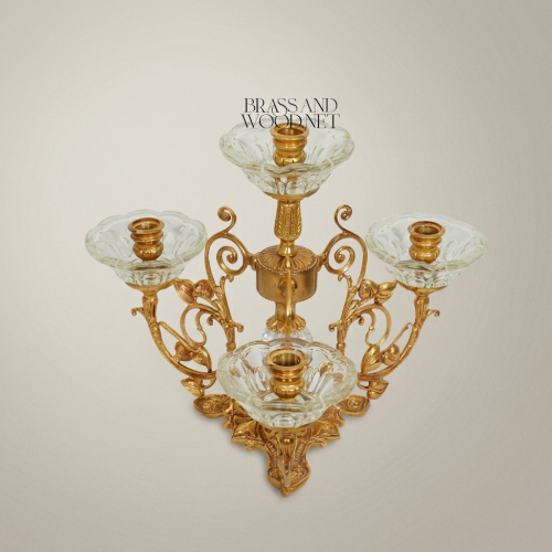 Baroque Brass & Crystal 4-Arm Candelabra with Scrollwork Base