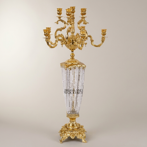 Baroque 7-Arm Brass and Engraved Crystal Candelabra with Rococo Scroll Arms and Ornate Base Gold Front | Brass & Wood