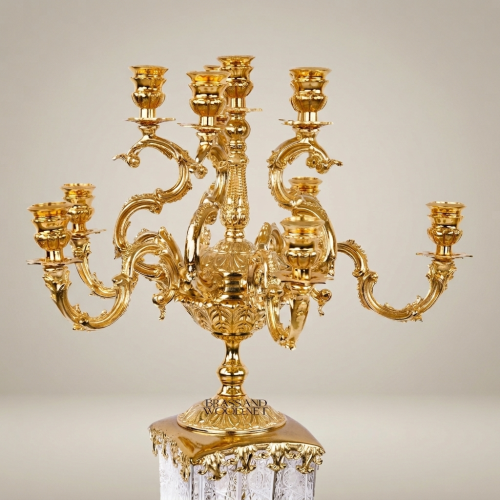 Baroque 7-Arm Brass and Engraved Crystal Candelabra with Rococo Scroll Arms and Ornate Base Gold Front | Brass & Wood