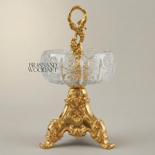 Baroque Engraved Crystal Ashtray on Ornate Brass Trifoil Scrolled Stand with Swan-Neck Handle Gold Front | Brass & Wood