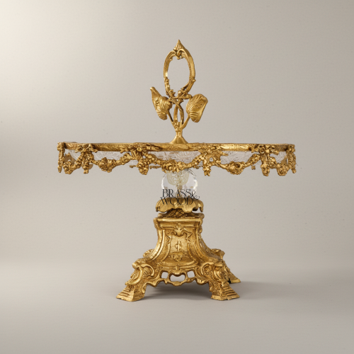 Baroque Brass and Crystal Cake Stand Floral Garland Pedestal with Leaf Ring Handle Antique Front | Brass & Wood