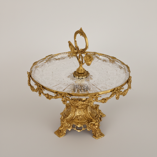 Baroque Brass and Crystal Cake Stand Floral Garland Pedestal with Leaf Ring Handle Antique Front | Brass & Wood