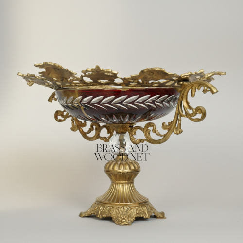 Baroque Brass Crystal Compote Bowl Ornate Scrollwork Ruby Glass Pedestal Brass and Wood Antique Front | Brass & Wood