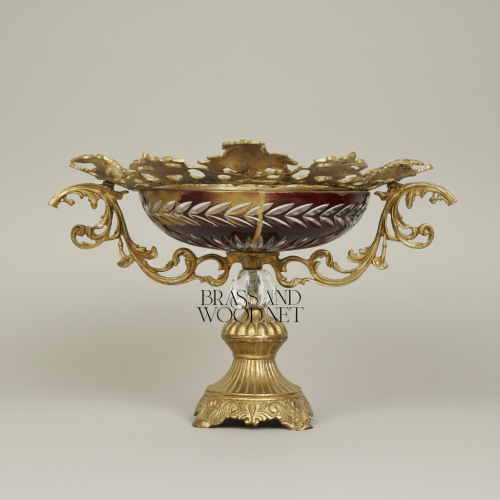 Baroque Brass Crystal Compote Bowl Ornate Scrollwork Ruby Glass Pedestal Brass and Wood Antique Front | Brass & Wood