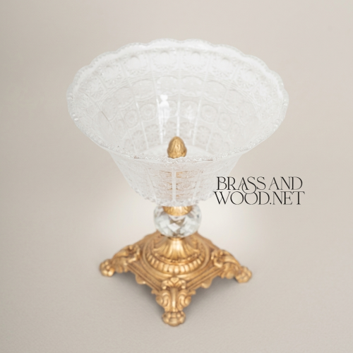 Baroque Brass Crystal Compote Vase Acanthus-Carved Footed Pedestal Brass and Wood Gold Front | Brass & Wood