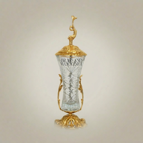 Baroque Brass Crystal Covered Goblet Vase Dolphin Finial Acanthus Rococo Stand - Brass and Wood Gold Front | Brass & Wood