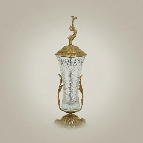 Baroque Brass Crystal Covered Goblet Vase Dolphin Finial Acanthus Rococo Stand - Brass and Wood Gold Front | Brass & Wood