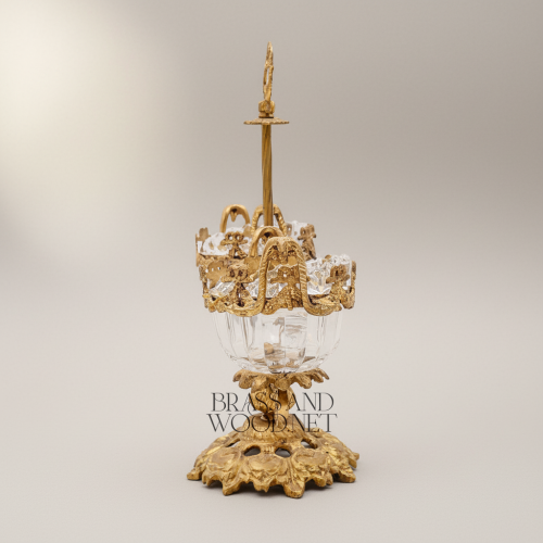 Baroque Brass Crystal Double-Cup Bonbonniere Ornate Finial Stand Classical Luxury Antique Front | Brass & Wood