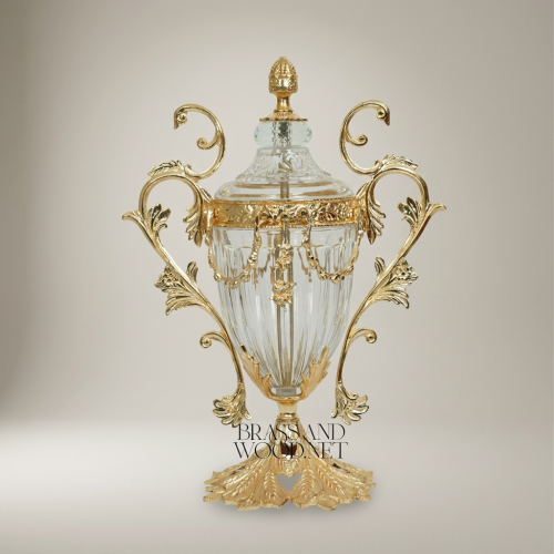 Baroque Brass & Crystal Lidded Urn Vase with Acanthus Scroll Handles
