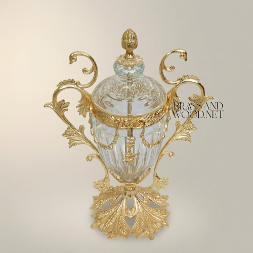 Baroque Brass & Crystal Lidded Urn Vase with Acanthus Scroll Handles