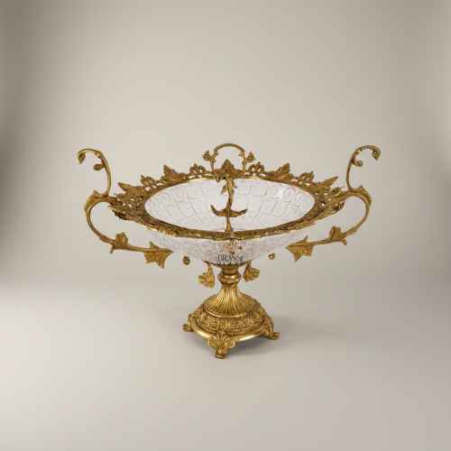 Baroque Brass Crystal Oval Centerpiece Bowl with Ornate Scrolled Handles and Footed Base Antique Front | Brass & Wood