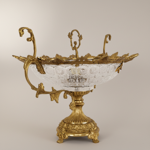 Baroque Brass Crystal Oval Centerpiece Bowl with Ornate Scrolled Handles and Footed Base Antique Front | Brass & Wood
