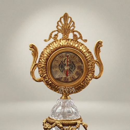 Baroque Brass & Crystal Pedestal Clock with Acanthus Crown and Scroll Handles