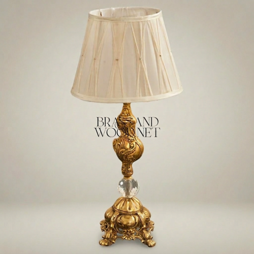 Baroque Handcrafted Brass Crystal Table Lamp Pleated Cream Fabric Shade Ornate Classical Gold Front | Brass & Wood