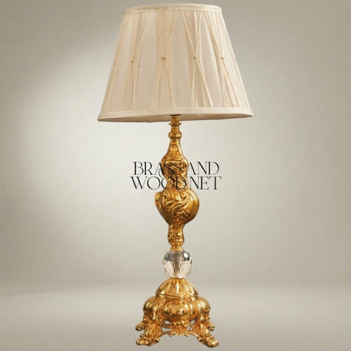 Baroque Handcrafted Brass Crystal Table Lamp Pleated Cream Fabric Shade Ornate Classical Gold Front | Brass & Wood