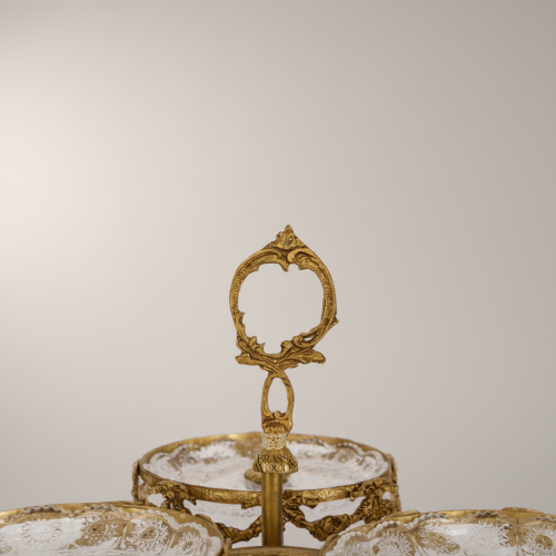 Baroque Three-Tier Brass and Crystal Sweetmeat Stand with Ornate Floral Frame and Rococo Handle Antique Front | Brass & Wood