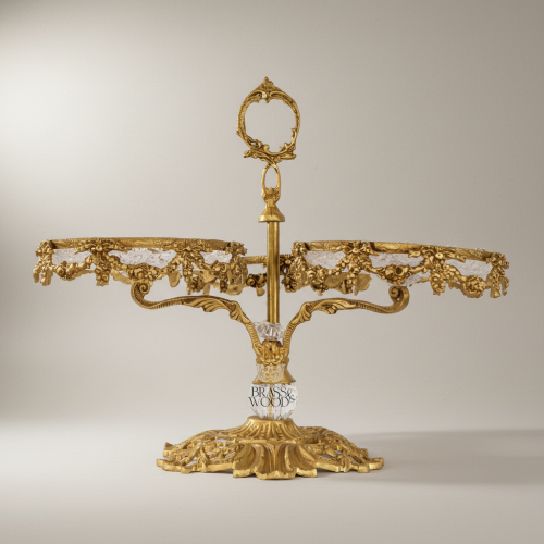 Baroque Three-Tier Brass and Crystal Sweetmeat Stand with Ornate Floral Frame and Rococo Handle Antique Front | Brass & Wood