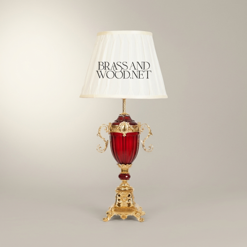 Baroque Brass Crystal Urn Table Lamp Scrolled Handles Pleated Off-White Shade Brass and Wood Gold Front | Brass & Wood