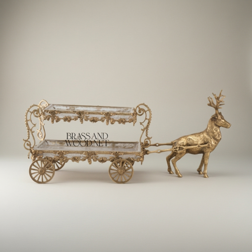 Baroque Brass Deer-Drawn Double-Tier Candy Chocolate Display Cart Ornate Scrollwork Glass Trays Brass and Wood Antique Front | Brass & Wood