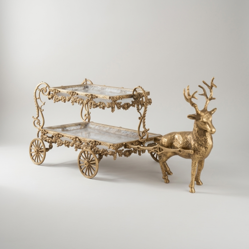 Baroque Brass Deer-Drawn Double-Tier Candy Chocolate Display Cart Ornate Scrollwork Glass Trays Brass and Wood Antique Front | Brass & Wood