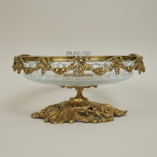 Baroque Handcrafted Brass Footed Centerpiece Bowl with Etched Glass and Floral Garland Rim Antique Front | Brass & Wood