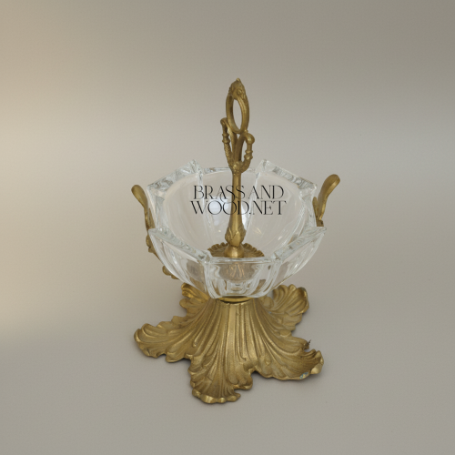 Baroque Brass and Glass Candy Dish Acanthus Leaf Pedestal Ornate Handle Classical Luxury Antique Front | Brass & Wood