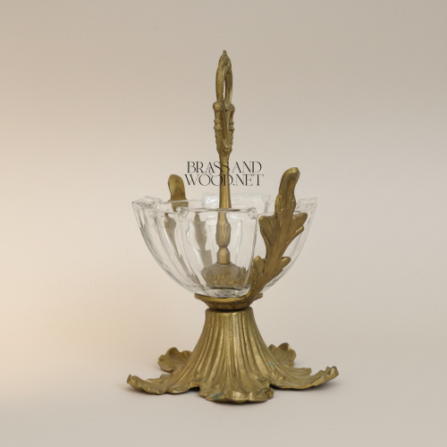 Baroque Brass and Glass Candy Dish Acanthus Leaf Pedestal Ornate Handle Classical Luxury Antique Front | Brass & Wood