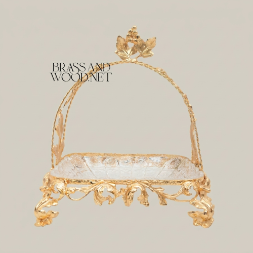 Baroque Brass Arched Canopy Candy Dish with Acanthus Leaf Ornaments and Glass Bowl - Brass and Wood Gold Front | Brass & Wood