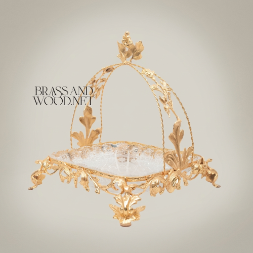 Baroque Brass Arched Canopy Candy Dish with Acanthus Leaf Ornaments and Glass Bowl - Brass and Wood Gold Front | Brass & Wood