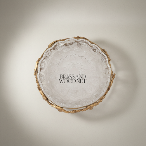 Baroque Handcrafted Brass and Glass Round Candy Dish Ornate Floral Filigree Stand Antique Front | Brass & Wood