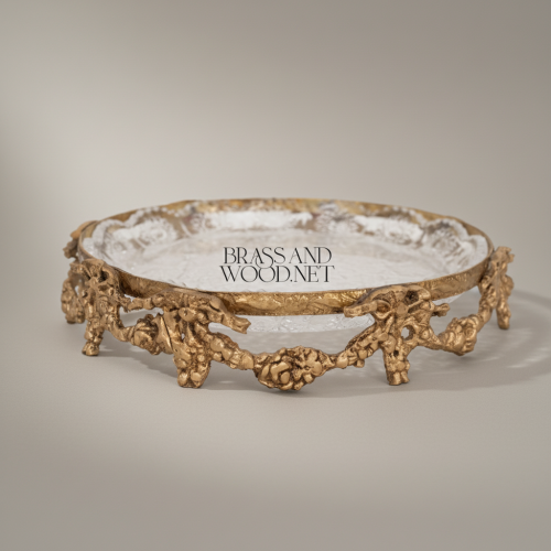 Baroque Handcrafted Brass and Glass Round Candy Dish Ornate Floral Filigree Stand Antique Front | Brass & Wood