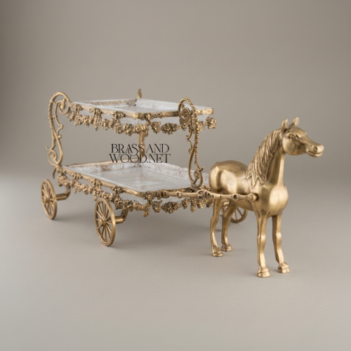Baroque Brass Horse-Drawn Carriage Two-Tier Candy Chocolate Dish Floral Scrollwork Brass and Wood Antique Front | Brass & Wood