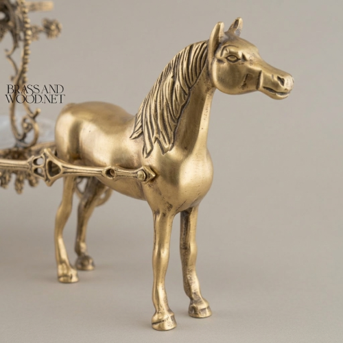 Baroque Brass Horse-Drawn Carriage Two-Tier Candy Chocolate Dish Floral Scrollwork Brass and Wood Antique Front | Brass & Wood