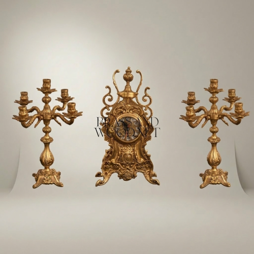 Baroque Brass Mantel Clock & Five-Arm Candelabra Set - Scrollwork Rocaille