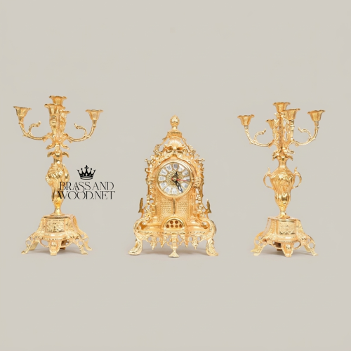 Baroque Brass Mantel Clock & Five-Arm Candelabra Set - Openwork Filigree Arch Case