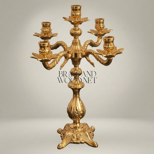 Baroque Brass Mantel Clock & Five-Arm Candelabra Set - Scrollwork Rocaille