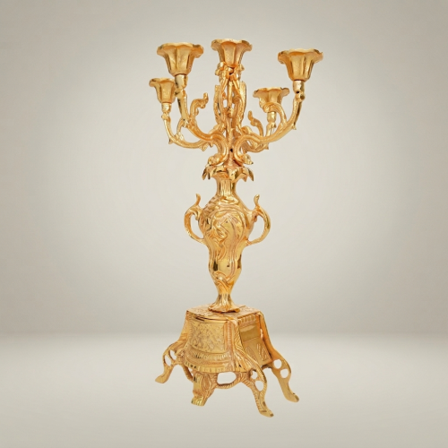 Baroque Brass Mantel Clock & Five-Arm Candelabra Set - Openwork Filigree Arch Case