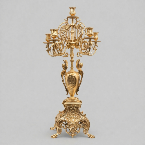 Baroque Brass Mantel Clock Garniture Set with Seven-Arm Candelabra — Griffin & Acanthus