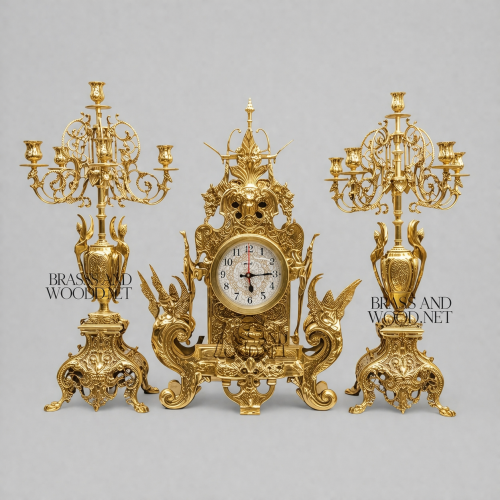 Baroque Brass Mantel Clock Garniture Set with Seven-Arm Candelabra — Griffin & Acanthus