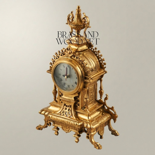 Baroque Brass Mantel Clock with Urn Finial & Pierced Acanthus Crown