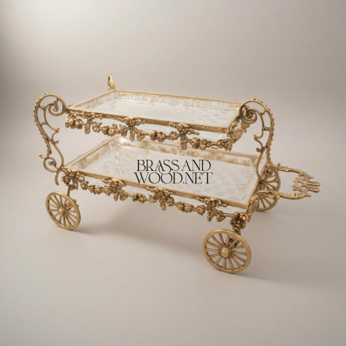 Baroque Handcrafted Brass Rolling Two-Tier Candy and Chocolate Trolley with Floral Garland and Glass Trays – Brass and Wood Antique Front | Brass & Wood