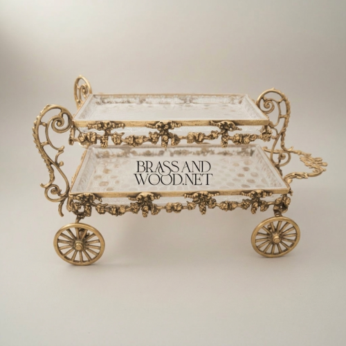 Baroque Handcrafted Brass Rolling Two-Tier Candy and Chocolate Trolley with Floral Garland and Glass Trays – Brass and Wood Antique Front | Brass & Wood