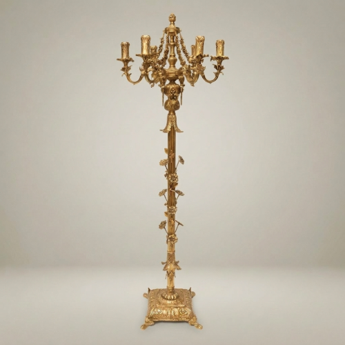 Baroque Six-Arm Brass Floor Candelabra Floral Column Ornate Claw-Foot Base Gold Front | Brass & Wood