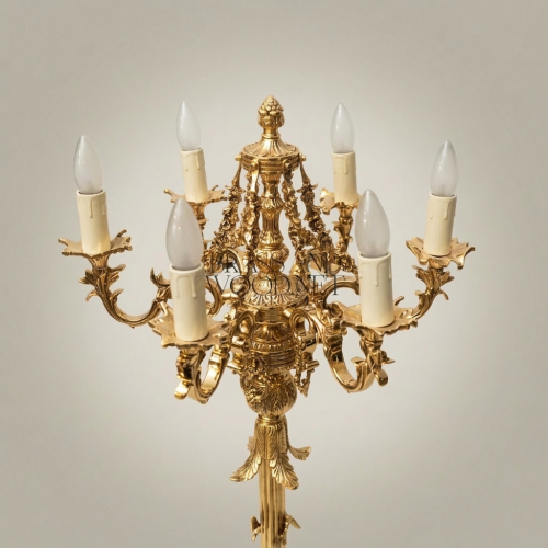 Baroque Six-Arm Brass Floor Candelabra Floral Column Ornate Claw-Foot Base Gold Front | Brass & Wood