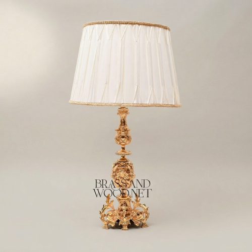 Baroque Handcrafted Brass Table Lamp Lion Medallion Rococo Base Pleated Off-White Shade Brass and Wood Gold Front | Brass & Wood